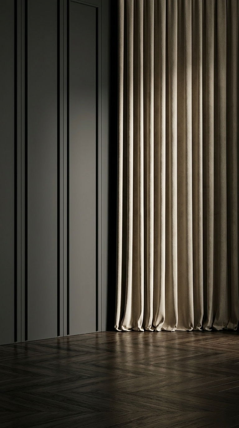 Soft minimalist curtains filtering sunlight into a yoga studio sanctuary